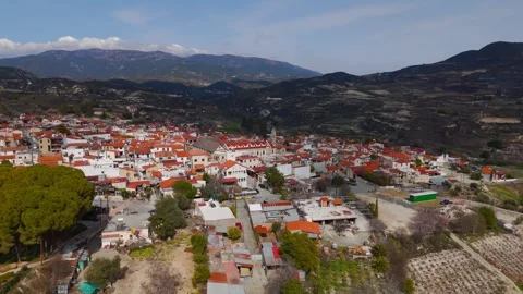 Aerial Approach to Omodos Village and Holy Cross Monastery, Cyprus