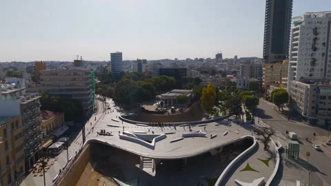 Aerial Low Flight Over Eleftheria Square Towards Nicosia Town Hall, Cyprus