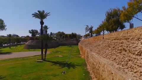 Low Aerial Flight Alongside Venetian Walls Moat at Podocatoro Bastion, Nicosia