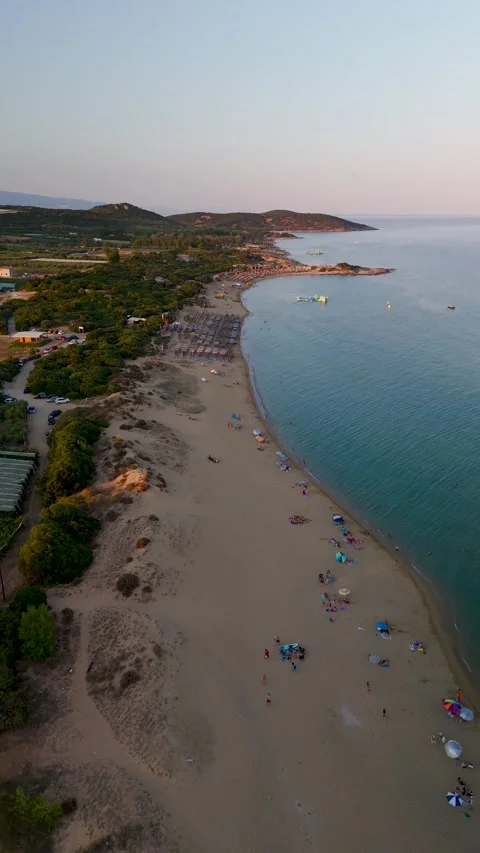 Vertical Drone Descent at Sunset over Ammolofoi Beach, Kavala, Greece