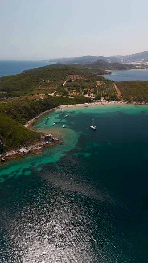 Vertical Drone Approach to Scenic Vrasidas Beach, Kavala, Greece