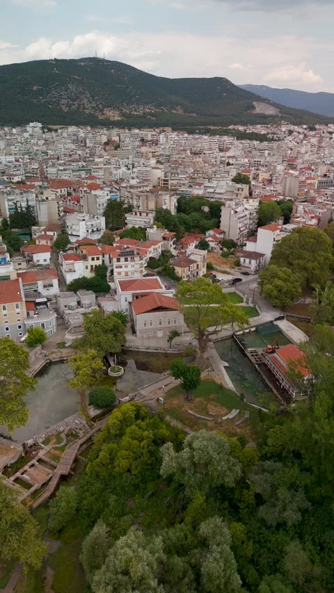 Aerial View Over Municipal Gardens and Park in Drama City Center, Greece