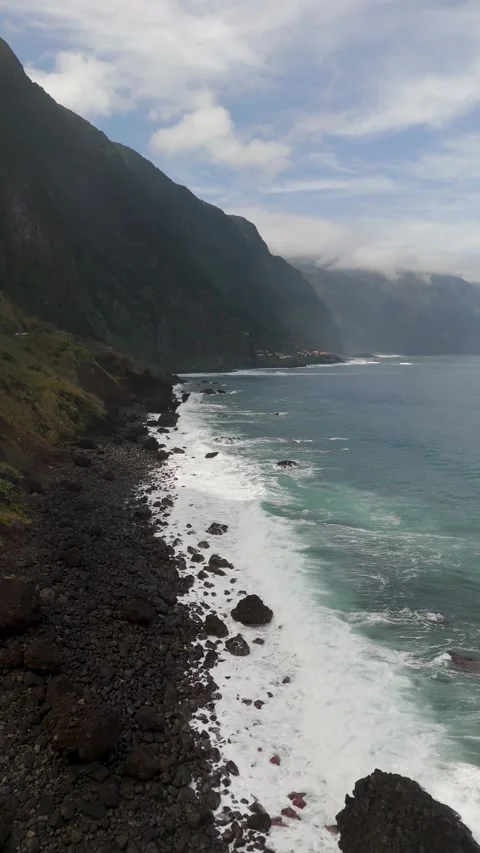 Vertical Drone Descent Above Atlantic Ocean Near São Vicente Cliffs Vertical Drone Descent Above Atlantic Ocean Near São Vicente Cliffs