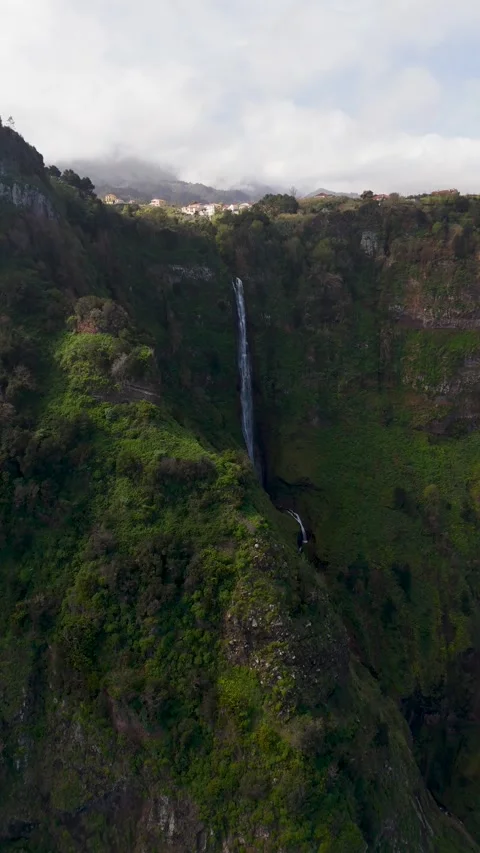 Drone View Approaching Cascata Ribeira de Santo António Waterfall Drone View Approaching Cascata Ribeira de Santo António Waterfall
