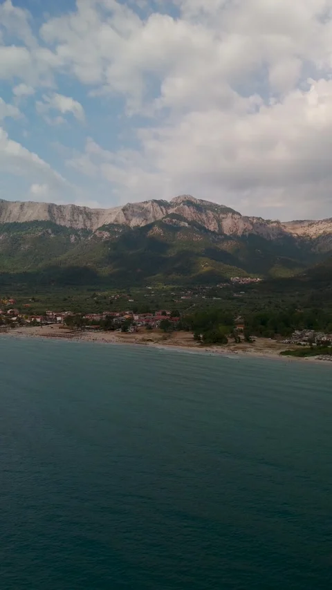Thasos Golden Beach Aerial Vertical View Approaching Coast, Mount Ipsarion Thasos Golden Beach Aerial Vertical View Approaching Coast, Mount Ipsarion