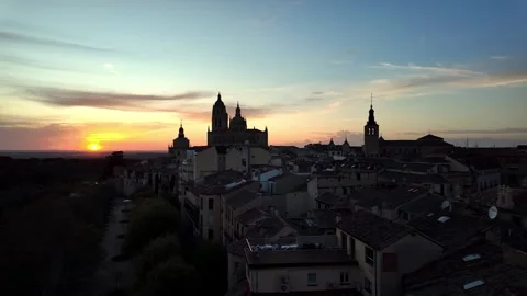 Sunset Pan Over Segovia Old Town Skyline and Silhouettes of Landmarks