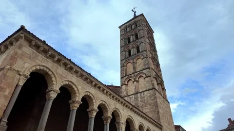 Rising Shot of the Tower and Facade of Iglesia de San Esteban