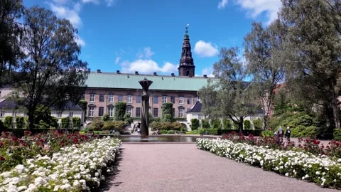 Fountain in Royal Library Garden with Christiansborg Palace Tower View Fountain in Royal Library Garden with Christiansborg Palace Tower View