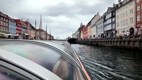 Tour Boat Leaving Nyhavn Canal Past Colorful Waterfront Houses Tour Boat Leaving Nyhavn Canal Past Colorful Waterfront Houses