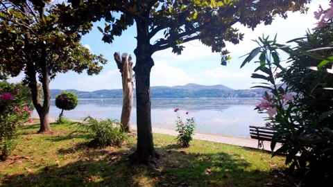 Panning Shot of Lake Orestiada Shores and Hills Through Trees in Kastoria, Greec