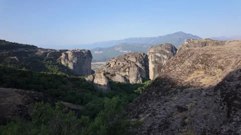 Scenic Pan Over Kalambaka Town and Towering Meteora Rock Formations, Greece.