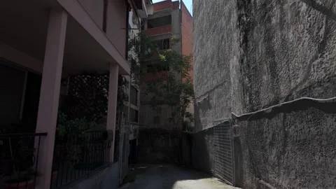 Walking Down a Narrow Alleyway with a Single Tree Growing Between Stone Building