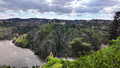 Wide Panning Shot Over Tajo River and Toledo Cityscape from Mirador Wide Panning Shot Over Tajo River and Toledo Cityscape from Mirador