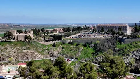 Wide Pan Across Tagus River Valley, Toledo Landmarks and Scenic Vistas Wide Pan Across Tagus River Valley, Toledo Landmarks and Scenic Vistas