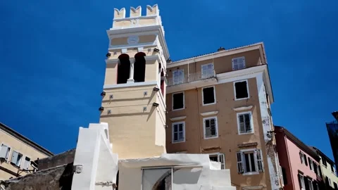 Approach to Historic Annunziata Bell Tower Looking Up in Corfu Old Town Approach to Historic Annunziata Bell Tower Looking Up in Corfu Old Town