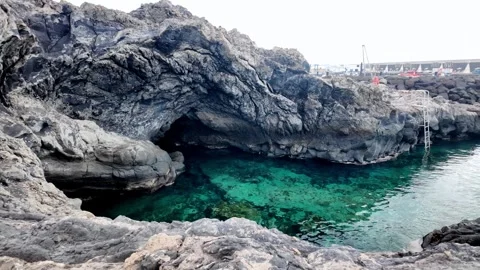 Slow Pan of Clear Turquoise Water and Volcanic Rock Coast near La Restinga Harbo
