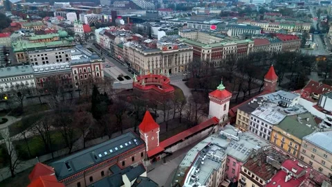 Aerial Circling Shot of Krakow's Barbican and St. Florian's Gate at Sunrise Aerial Circling Shot of Krakow's Barbican and St. Florian's Gate at Sunrise
