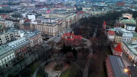 Drone Flight Towards St. Florian's Gate and Barbican in Winter Krakow Drone Flight Towards St. Florian's Gate and Barbican in Winter Krakow