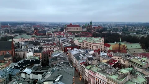 Aerial Flight Down Royal Route to Wawel Cathedral, Krakow Old Town Aerial Flight Down Royal Route to Wawel Cathedral, Krakow Old Town