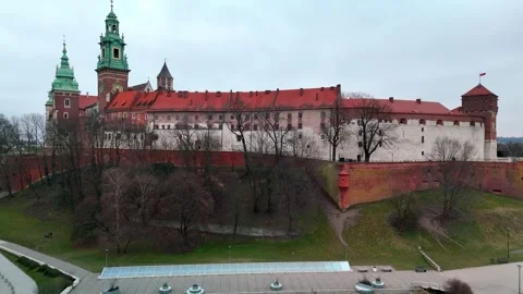 Rising Aerial Shot of Wawel Castle Complex and Cathedral in Winter Krakow Rising Aerial Shot of Wawel Castle Complex and Cathedral in Winter Krakow