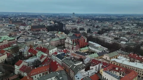 Aerial Approach to Saints Peter and Paul Church, Krakow Old Town, Poland in Wint Aerial Approach to Saints Peter and Paul Church, Krakow Old Town, Poland in Wint