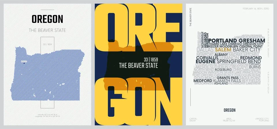 33 of 50 sets, US State Posters with name and Information in 3 Design Styles, Stock Illustration