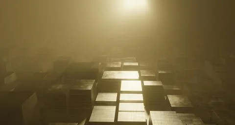 33 rendering of surreal sci fi cityscape with low key lighting and dense fog. Ilustración de archivo