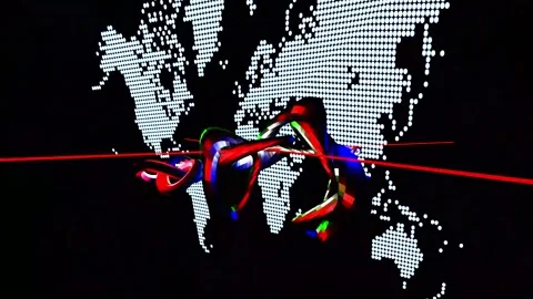 33 seconds looping twisting world map ring donuts  with lasers on black Stock Footage 281350716