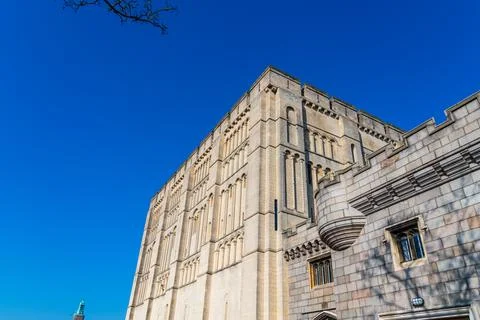 A 3/4 side view looking up to the medieval Norwich Castle Stock Photos