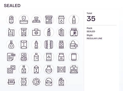 35 128x128 Grid Fitted Vector Icons for Sealed in Regular Line Theme Illustrazione stock
