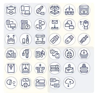 35 128x128 Pixel Aligned Vector Icons for File Transfer in Regular Line Theme Stock Illustration
