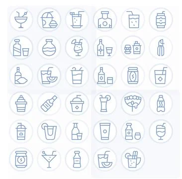 35 256x256 Grid Fitted Vector Icons for Soda in Regular Line Theme Stock Illustration
