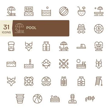 35 256x256 Vector Icons for Pool in Display Perfect Regular Line Format Stock Illustration