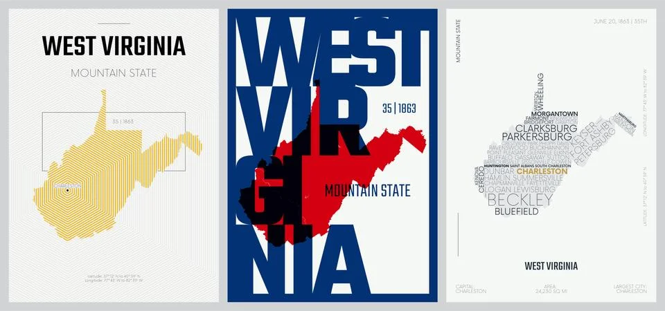 35 of 50 sets, US State Posters with name and Information in 3 Design Styles, Ilustração Stock