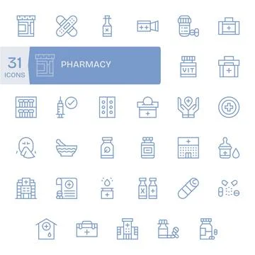 35 64x64 Vector Icons for Pharmacy in Display Perfect Regular Line Format Stock Illustration