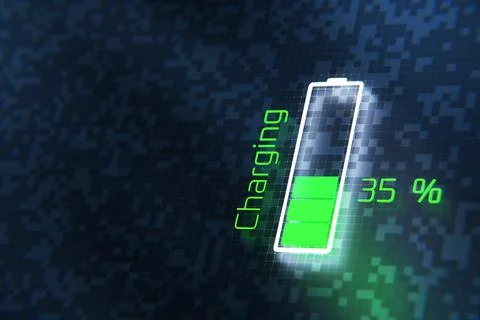 35 battery icon on a digital background. Battery charging concept. 3d render. Stock Illustration