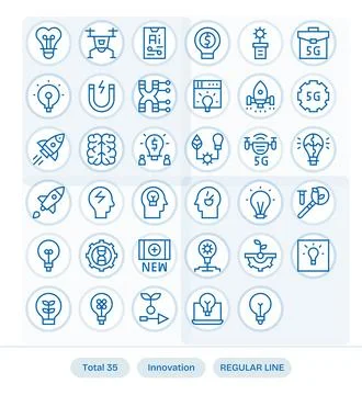 35 Detail Enhanced Regular Line Vector Icons designed for Innovation Interfac Stock Illustration