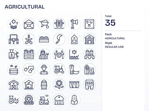 35 Editable Vector Icons themed around Agricultural in Retina Ready Regular.. Stock Illustration