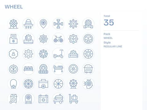 35 Grid Fitted Vector Icons themed around Wheel in 256x256 Regular Line forma Illustrazione stock