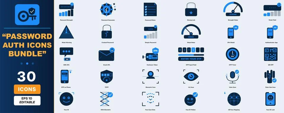 35 Password Authentication Flat Icons Set Editable Colors Vector Stock Illustration