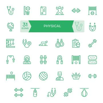 35 Physical Editable Vector Icons in 64x64 Regular Line Aesthetic Stock Illustration