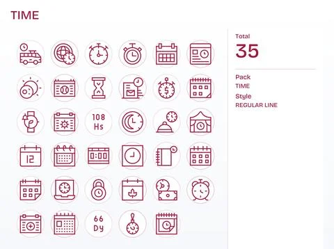35 Pixel Aligned Regular Line Vector Icons from Time Collection Stock Illustration