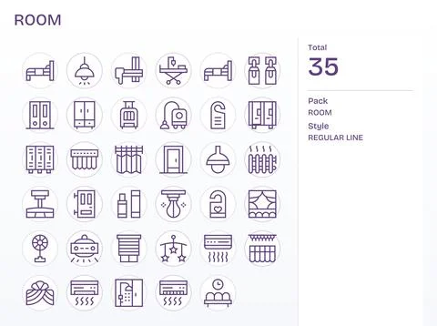 35 Pixel Optimized Regular Line Vector Icons from Room Collection Stock Illustration