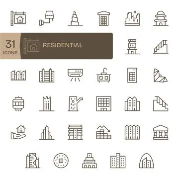 35 Pixel Optimized Regular Line Vector Icons designed for Residential Interfa Stock Illustration