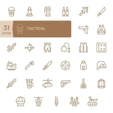 35 Pixel Optimized Vector Icons themed around Tactical in Retina Ready Regu.. Stock Illustration