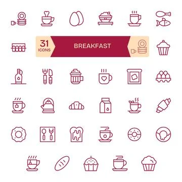 35 PIXEL Perfect Regular Line Vector Icons designed for Breakfast Interface Stock Illustration
