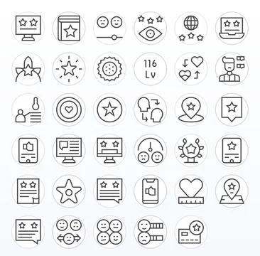35 PIXEL Perfect Vector Icons themed around Rating in 256x256 Regular Line .. Stock Illustration