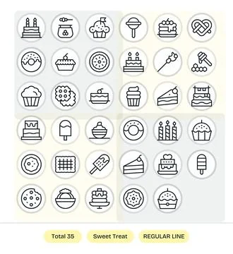35 PIXEL Perfect Vector Icons themed around Sweet Treat in 128x128 Regular .. Stock Illustration