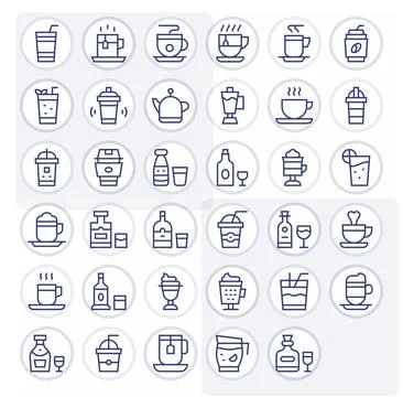 35 Regular Line Editable Vector Icons crafted for Drinkware 128x128 applica.. Illustrazione stock