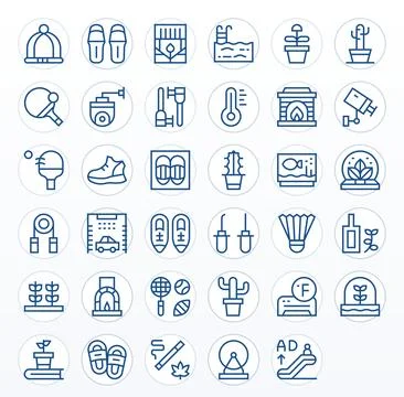 35 Regular Line Grid Fitted 128x128 Vector Icons from Indoor Suite Stock Illustration